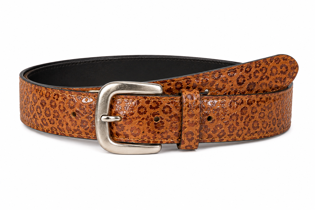 CINTURÓN CUERO CAMEL PRINT HEBILLA PLATEADA