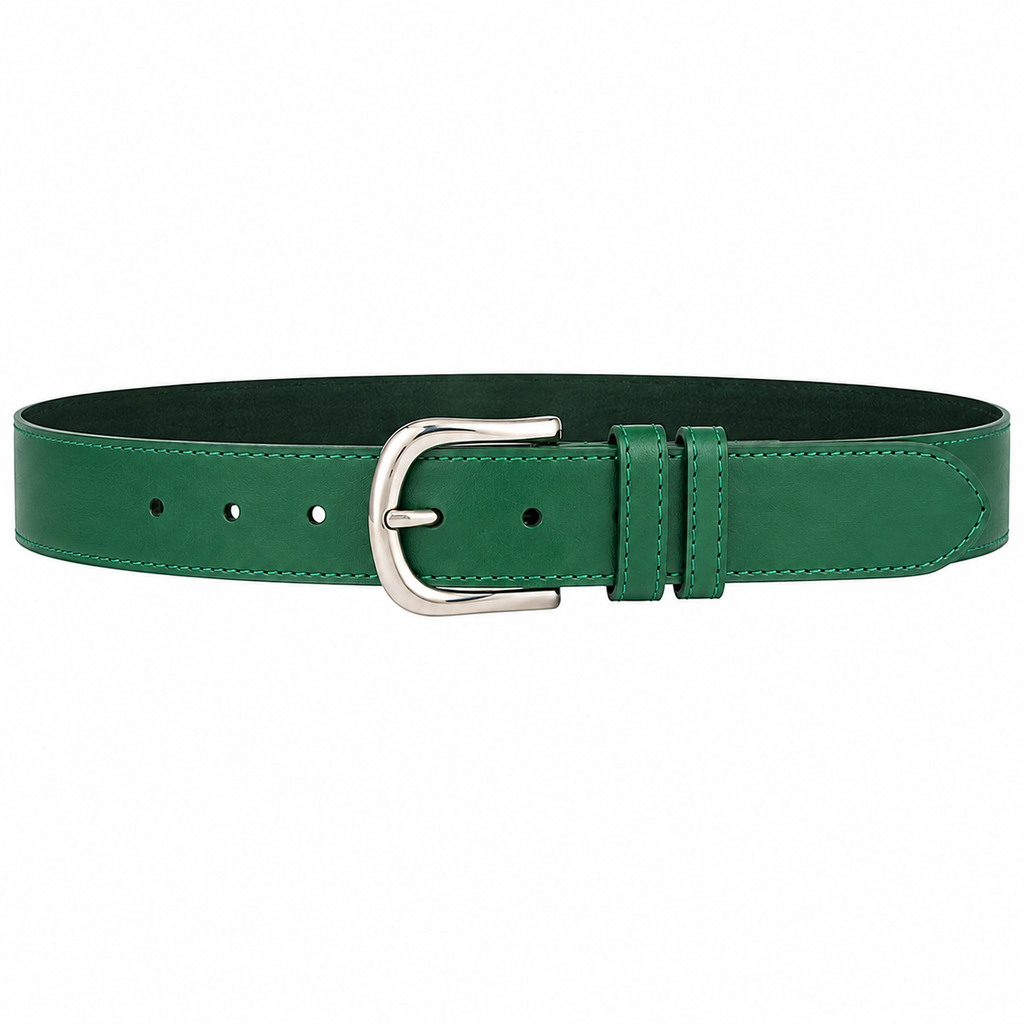 CINTURÓN VERDE CUERO LISO HEBILLA PLATEADA