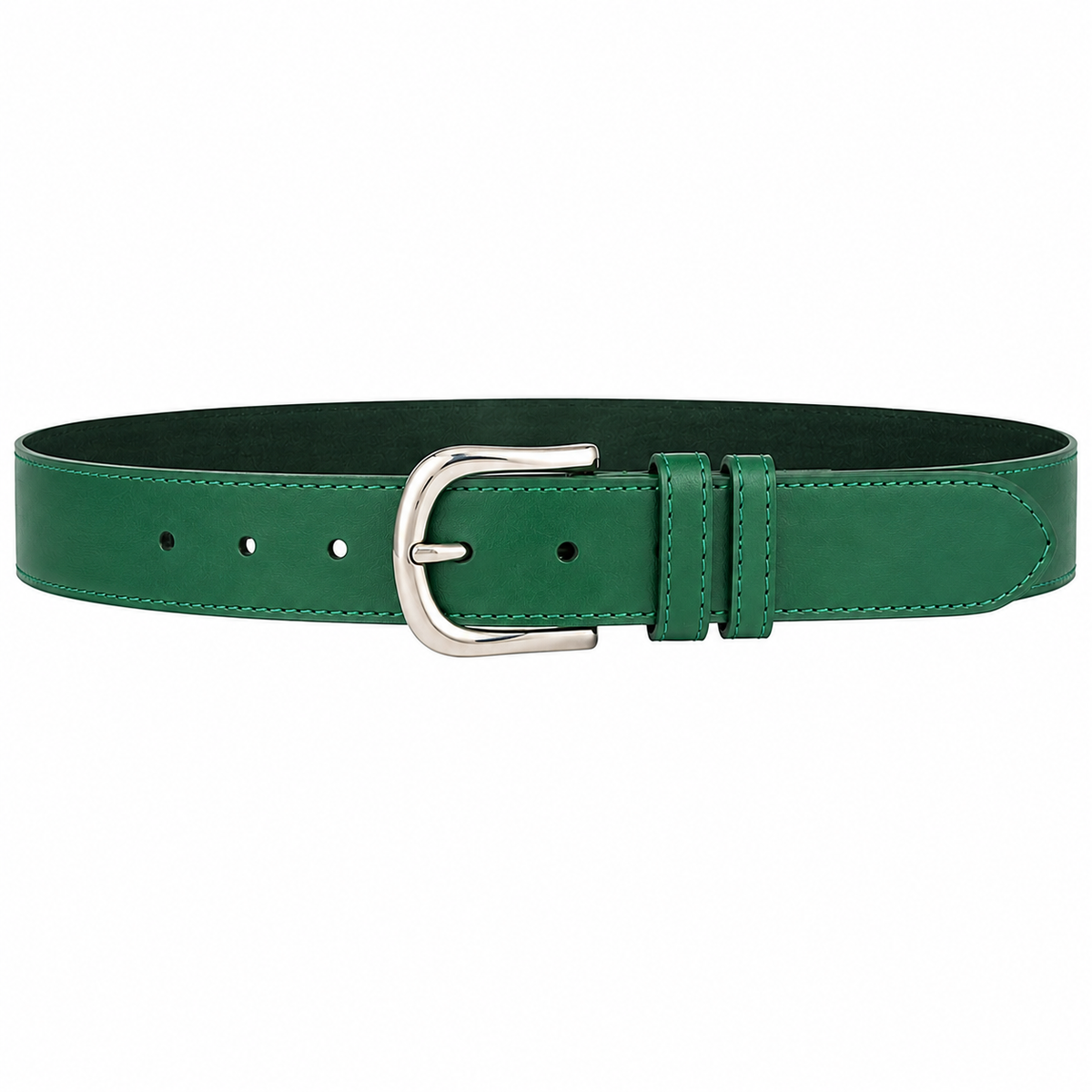 CINTURÓN VERDE CUERO LISO HEBILLA PLATEADA