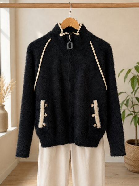 CARDIGAN CON CIERRE COLOR NEGRO Y APLICACIONES EN VAINILLA