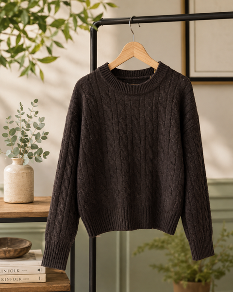 SWEATER CAFÉ MORO CON DISEÑO DE TRENZAS
