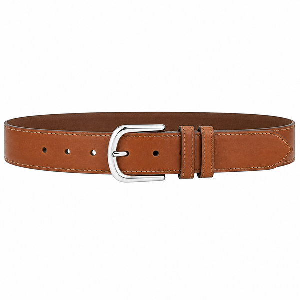 CINTURÓN CAMEL CUERO LISO HEBILLA PLATEADA